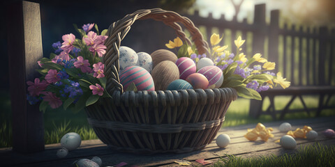 Easter_Eggs_In_Basket_On_Aged_Wooden_Table_In_Spring_generative AI