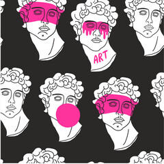Vector seamless pattern with antique marble statues with broken elements. Greek classic ancient of Venus, amphora. Hand drawn mythical trendy vector. Vector illustration