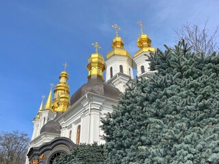 Ancient orthodox Lavra monastery Church Nativity of Blessed Virgin Mary with golden domes in Kyiv Ukraine. 