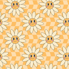 Retro groovy hippie seamless pattern. Seamless abstract geometric pattern. Floral background with cute daisy character.