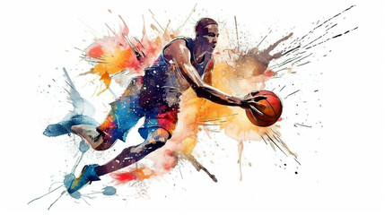 Sport abstract. Basketball watercolor splash player in action with a ball isolated on white background. AI generated illustration.