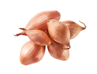 pile of shallots isolated on white background, top view.