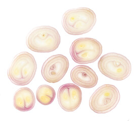 slices onions shallots isolated on white background, top view.