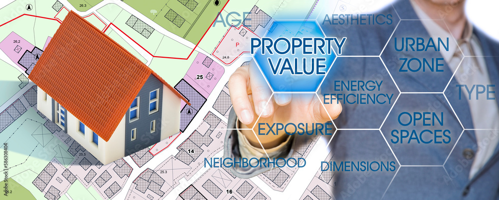 Poster property value of a building concept with business manager, cadastral map and home model