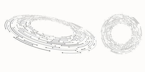 Circle with dark lines and dots as dynamic abstract vector background or logo or icon. Abstract background with lines in circle. Artistic illustration with perspective.