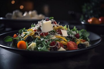 Healthy Salad on Table: Top View of Delicious Vegetables and Greens in a Restaurant