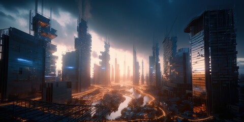 Futuristic city with pollution, dystopia, generative ai