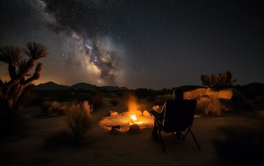 A person sitting by a campfire and enjoying the night sky in the Mojave Desert while camping