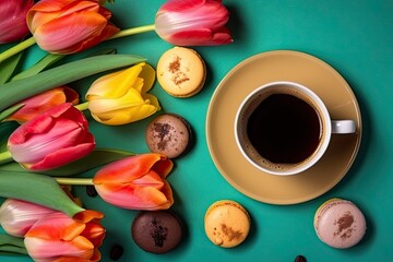 Fototapeta na wymiar Cup of coffee mug with coffee, cookies macarons and tulips on a colored background. Greeting spring card top view - Generative AI
