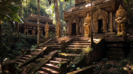 golden temple in the jungle, statues, traps. sacred ancient temple, hidden in the jungle (created with Generative AI)