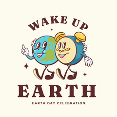 Wake up Earth trippy retro cartoon characters greeting card. Happy planet with alarm clock friends smiling label template. Vector logo mascot illustration in trendy vintage comic style Isolated