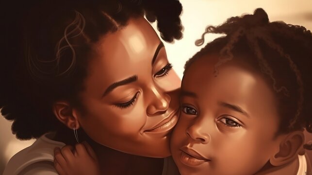 Mother's day, African-American mother tenderly embraces her children, generative ai