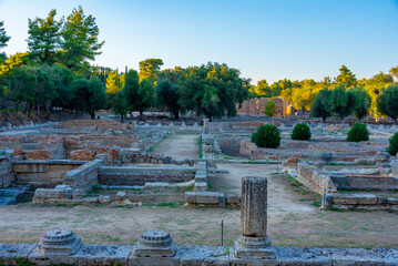 Sunset view of Leonidaio at Archaeological Site of Olympia in Greece