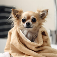 A dog is dried off with the towel after the bath in the bathroom, pets indoors, close-up, generative AI.