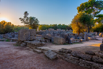 Sunset view of Temple of Zeus at Archaeological Site of Olympia in Greece