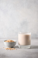Barley milk in glass on gray background. Alternative vegan milk replacer. Vertical format. Close up.