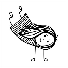 Little girl is standing upside down on her hands. Fooling around, messing around, playing sports. Vector hand-drawn doodles. Sketch, template.