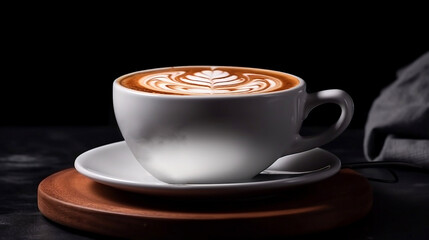 white Cup of cappuccino with beautiful latte art on dark background