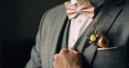 A man in a stylish suit with a watch on his arm fixes a bow tie.