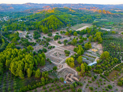 Sunset panorama view of Archaeological Site of Olympia in Greece