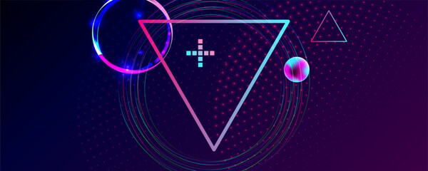 Dark retro futuristic cyberpunk elements abstraction background cosmos synthwave vaporwave retrowave glitch circle with blue and pink glows
