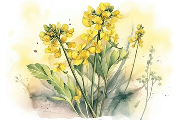 Rape blossoms painted by watercolor, Generative AI