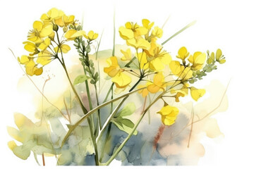 Rape blossoms painted by watercolor, Generative AI