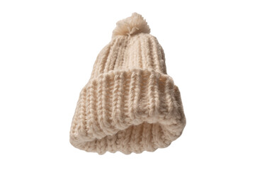 Beige beanie hat with pom pom isolated on a white background.