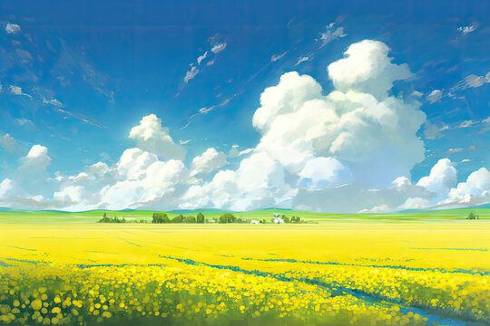 Blue sky, white clouds and field of rape blossoms, Generative AI