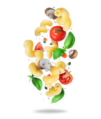 Macaroni with various food ingredients in the air closeup