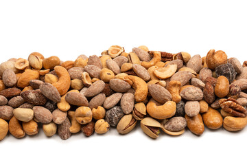 A group of almonds, pistachios, walnuts, macadamia, cashews.