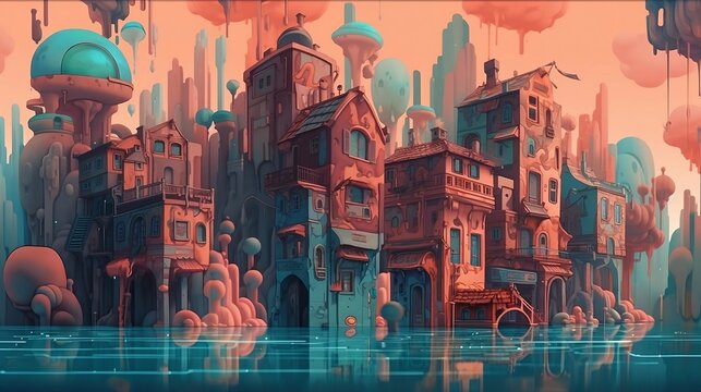 a surreal city background with an art style, distorted buildings, melting shapes, floating objects - Generated by AI