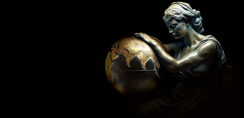 Sad Lady of Justice holding World Globe represents  awareness of global issues and empathy for humanity's grief and suffering caused by imbalance and injustice in the legal system.  Generative AI.  - obrazy, fototapety, plakaty
