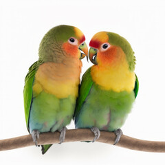 Naklejka na ściany i meble Generative AI illustration of colorful exotic parrots sitting on branch