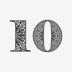 Zentangle stylized alphabet.Number 10 in doodle style. Hand drawn sketch font, vector illustration for coloring page, tattoos, makhendas or decoration
