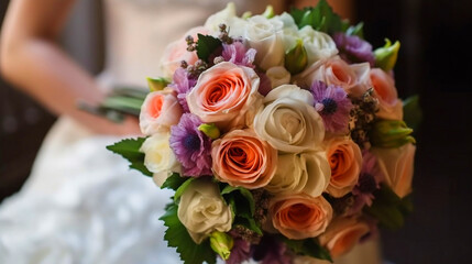 The bride holds a wedding bouquet of roses.