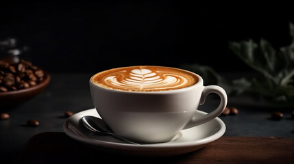white Cup of cappuccino with beautiful latte art on dark background