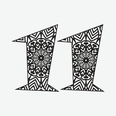 Zentangle stylized alphabet.Number 11 in doodle style. Hand drawn sketch font, vector illustration for coloring page, tattoos, makhendas or decoration