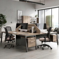 Des bureaux avec de nombreux ordinateurs et une luminosité vive. 