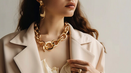 Woman in a light beige jacket wearing a golden chain necklace