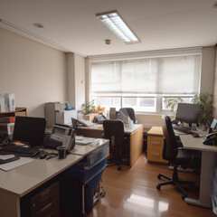 Des bureaux avec de nombreux ordinateurs et une luminosité vive. 