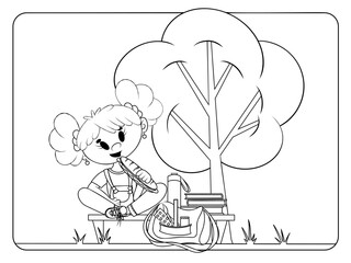 Lunch time at school coloring page. Girl eating at school yard. Antistress for adults and kids.