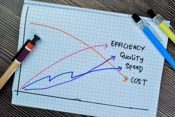 Concept of Efficiency, Quality, Speed, Cost write on book isolated on Wooden Table.