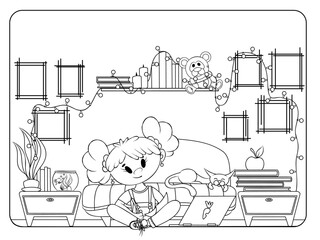 Home education coloring page. GIrl study at home. Antistress for adults and kids.
