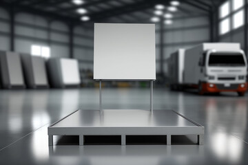 Empty metal platform for displaying products, blurred car workshop in background. Generative AI.
