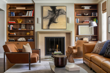 Generative IA illustration of a modern apartment living room with modern wooden furniture and fireplace with lots of natural light