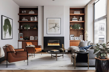 Fototapeta premium Generative IA illustration of a modern apartment living room with modern wooden furniture and fireplace with lots of natural light