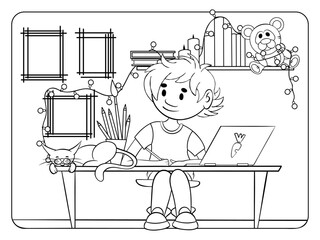 Home education coloring page. Boy study at home. Antistress for adults and kids.