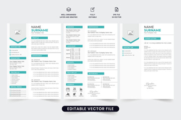 Job application resume template with a cover letter and personal information section. CV and resume layout design with blue and dark colors. Corporate Resume template design with photo placeholders.