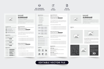 Corporate CV and resume template vector with photo placeholders. Simple office application and cover letter design with dark color. Employee portfolio and resume template vector for an office job.